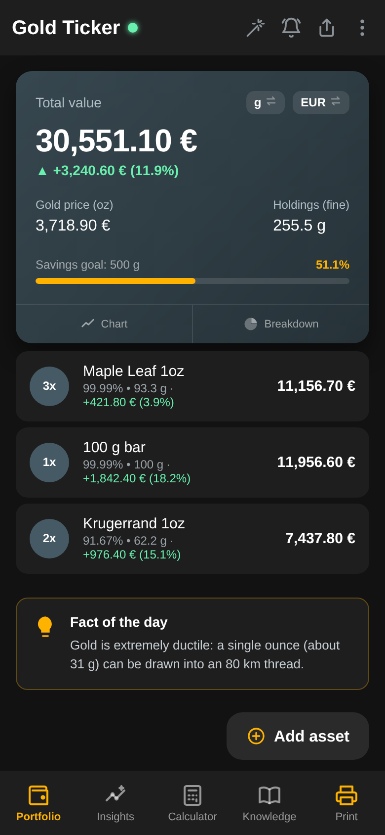 Portfolio overview with total value, gold price per ounce, savings goal and the tracked coins and bars
